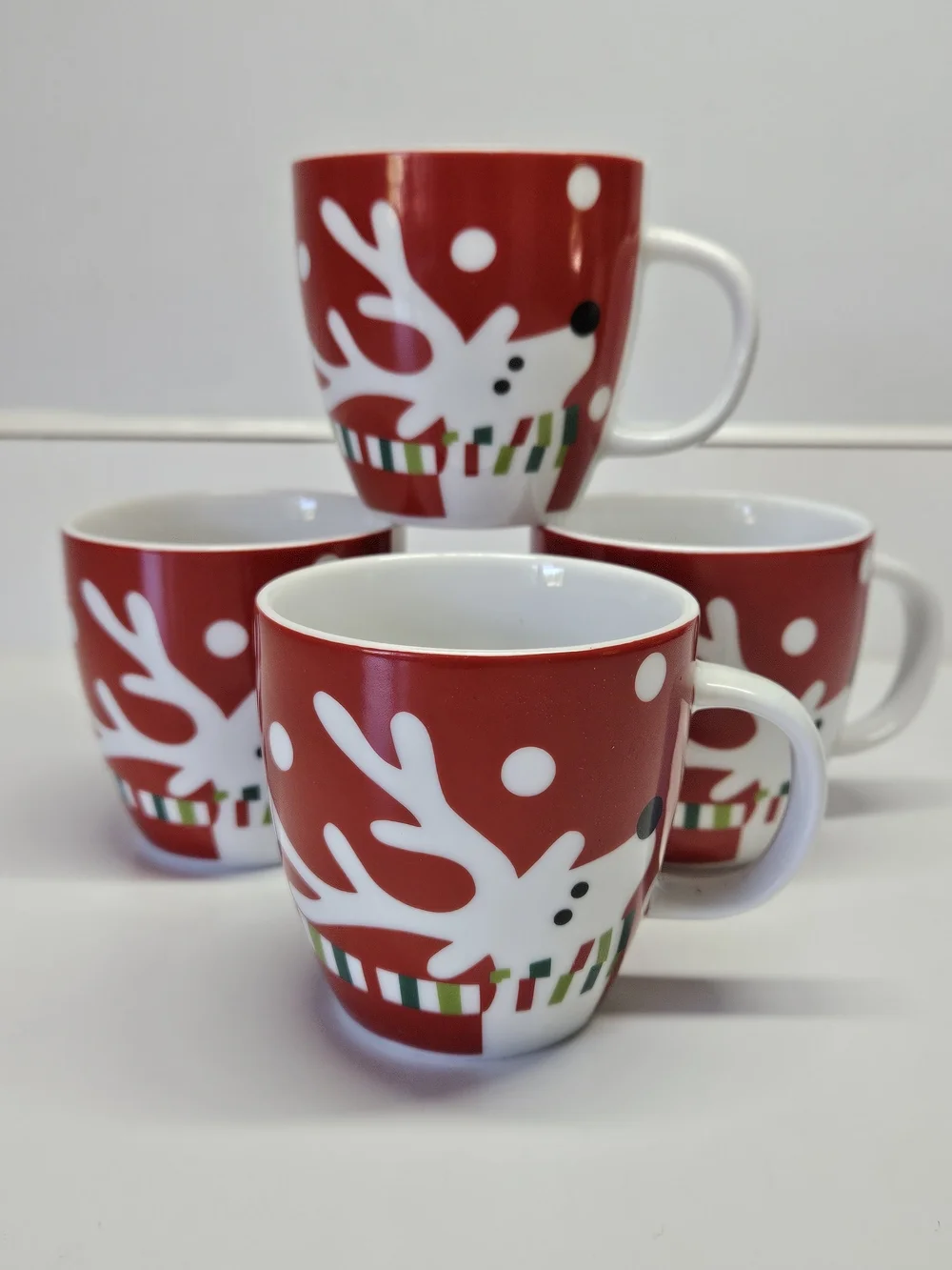 Crate & Barrel Ceramic Red Reindeer Christmas Mini Mugs 6 OZ Set 4